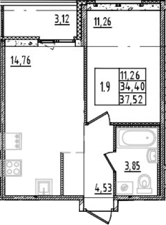 1-комнатная квартира 34.4 м², 7/14 эт., ЖК «Parkolovo»