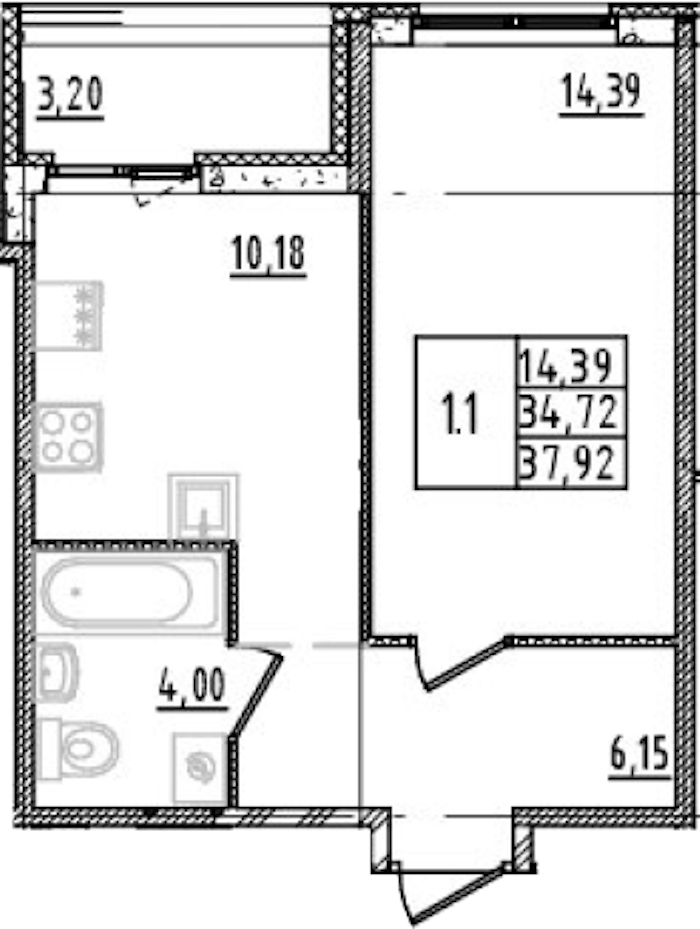 1-комнатная квартира 34.72 м², 14/14 эт., ЖК «Parkolovo»