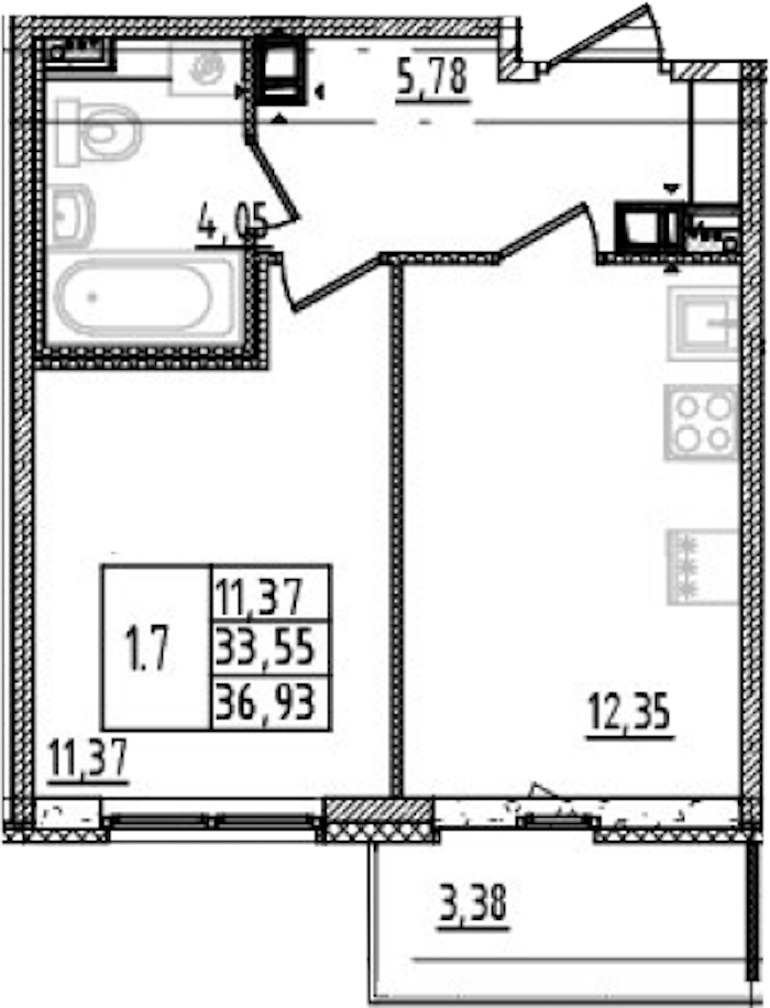 1-комнатная квартира 33.55 м², 14/14 эт., ЖК «Parkolovo»