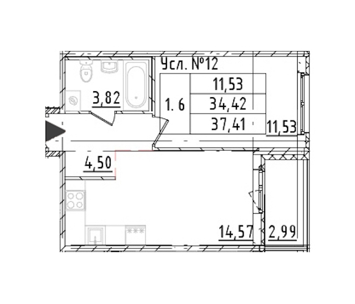 1-комнатная квартира 34.42 м², 2/16 эт., ЖК «Parkolovo»