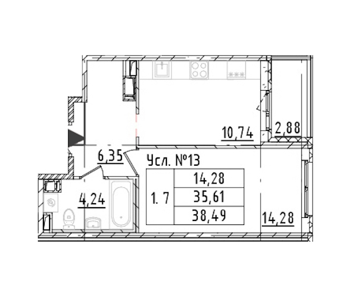 1-комнатная квартира 35.61 м², 2/16 эт., ЖК «Parkolovo»