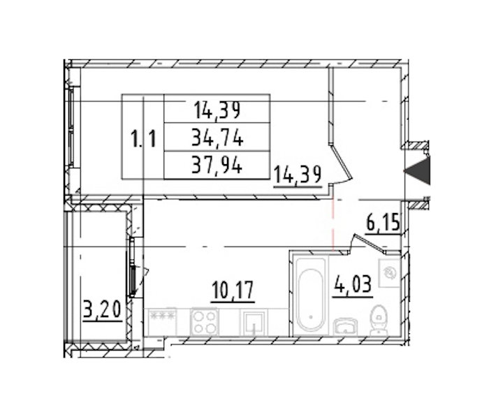 1-комнатная квартира 34.74 м², 15/16 эт., ЖК «Parkolovo»