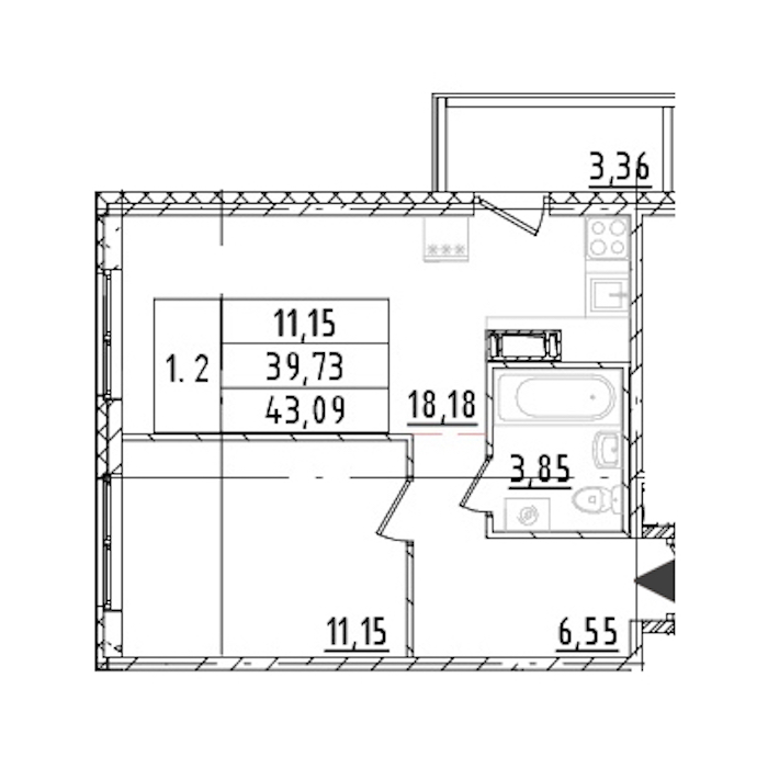 1-комнатная квартира 39.73 м², 15/16 эт., ЖК «Parkolovo»
