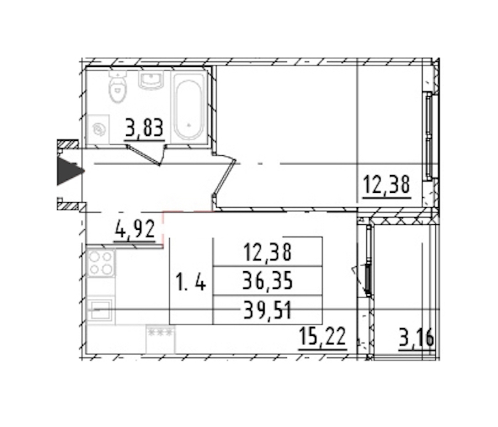 1-комнатная квартира 36.35 м², 16/16 эт., ЖК «Parkolovo»