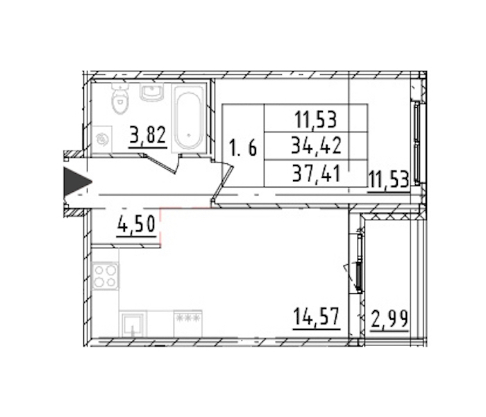 1-комнатная квартира 34.42 м², 16/16 эт., ЖК «Parkolovo»