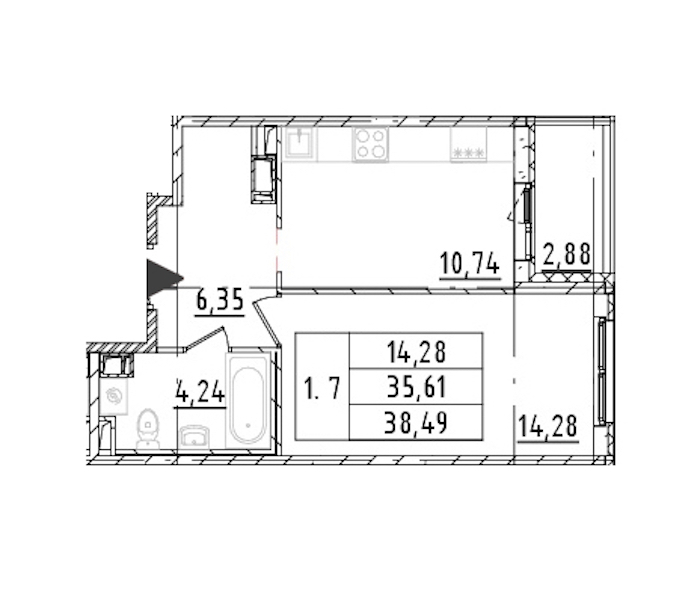 1-комнатная квартира 35.61 м², 15/16 эт., ЖК «Parkolovo»