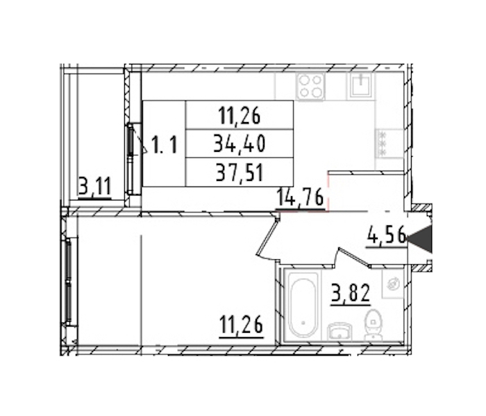 1-комнатная квартира 34.4 м², 16/16 эт., ЖК «Parkolovo»
