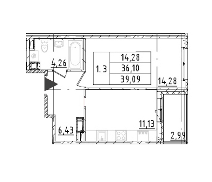 1-комнатная квартира 36.1 м², 14/16 эт., ЖК «Parkolovo»
