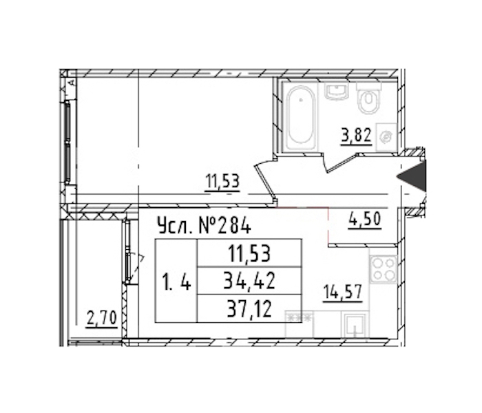 1-комнатная квартира 34.42 м², 1/16 эт., ЖК «Parkolovo»