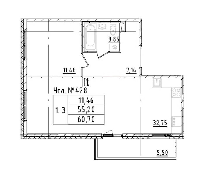 1-комнатная квартира 55.2 м², 2/16 эт., ЖК «Parkolovo»
