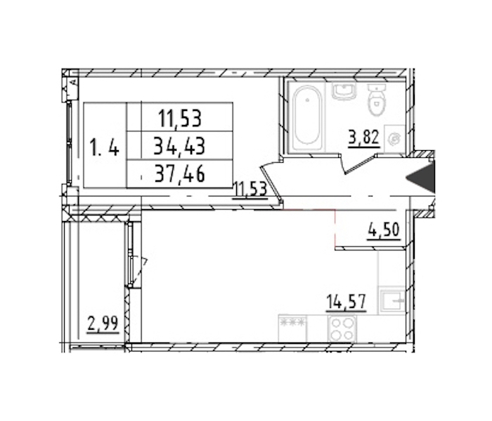 1-комнатная квартира 34.42 м², 13/16 эт., ЖК «Parkolovo»