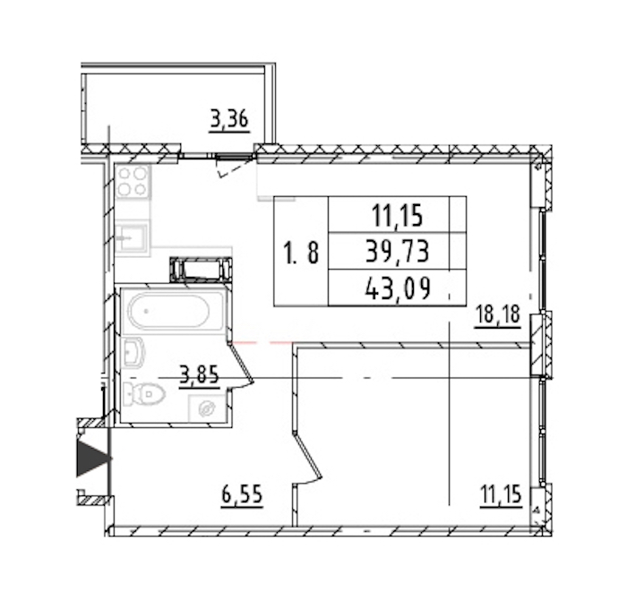 1-комнатная квартира 39.73 м², 16/16 эт., ЖК «Parkolovo»