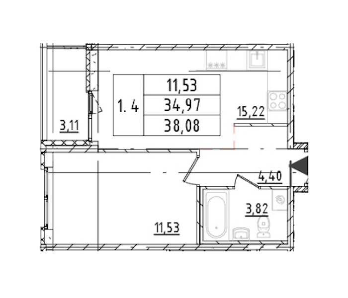 1-комнатная квартира 34.97 м², 16/16 эт., ЖК «Parkolovo»
