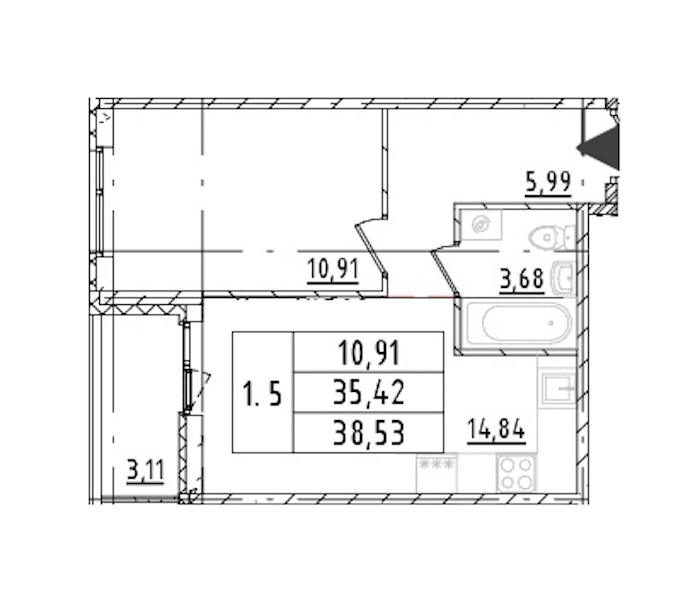 1-комнатная квартира 35.42 м², 14/16 эт., ЖК «Parkolovo»