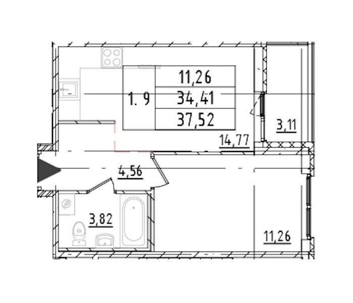 1-комнатная квартира 34.41 м², 15/16 эт., ЖК «Parkolovo»