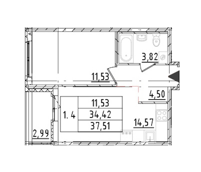 1-комнатная квартира 34.42 м², 10/16 эт., ЖК «Parkolovo»