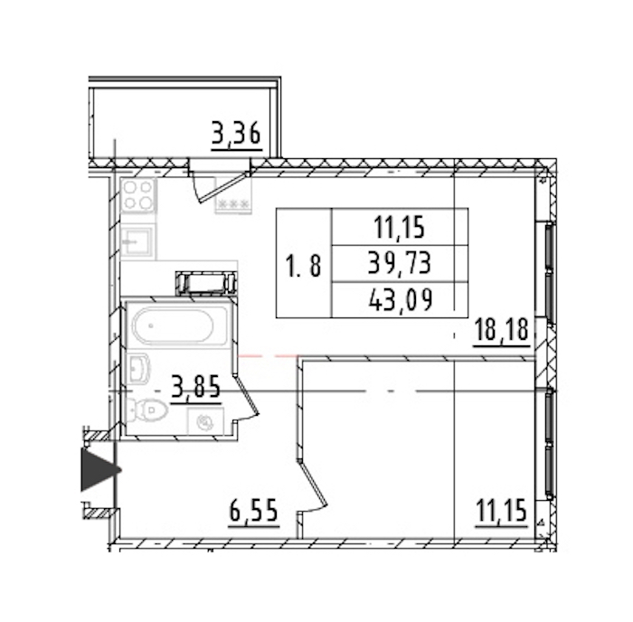 1-комнатная квартира 39.73 м², 5/16 эт., ЖК «Parkolovo»