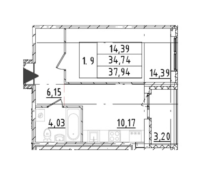 1-комнатная квартира 34.74 м², 6/16 эт., ЖК «Parkolovo»