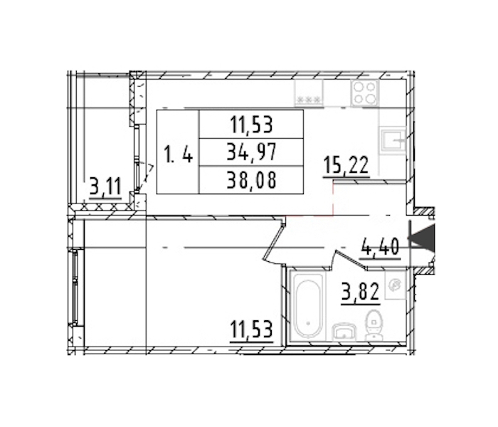 1-комнатная квартира 34.97 м², 16/16 эт., ЖК «Parkolovo»