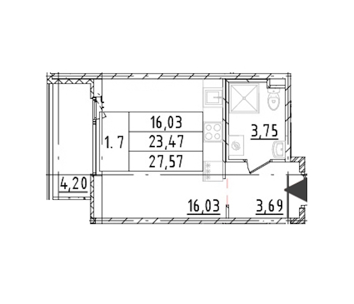 Квартира студия 23.47 м², 7/16 эт., ЖК «Parkolovo»