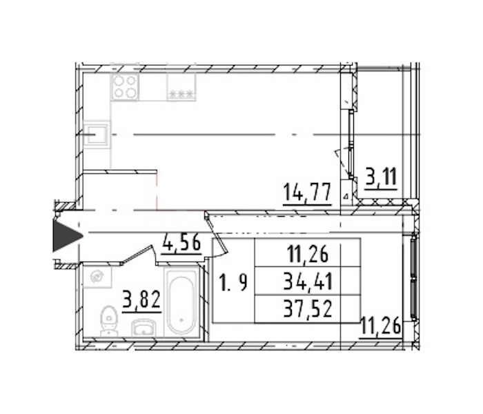 1-комнатная квартира 34.41 м², 3/16 эт., ЖК «Parkolovo»