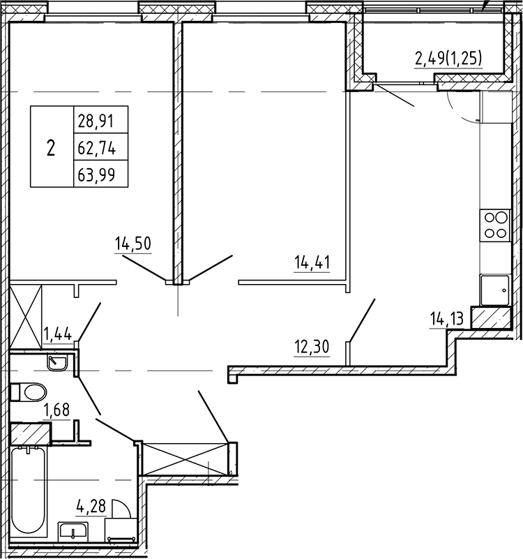 2-комнатная квартира 63.99 м², 2/7 эт., ЖК «Регенбоген»