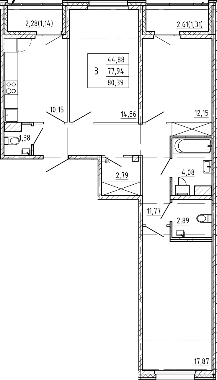 3-комнатная квартира 80.39 м², 4/7 эт., ЖК «Регенбоген»