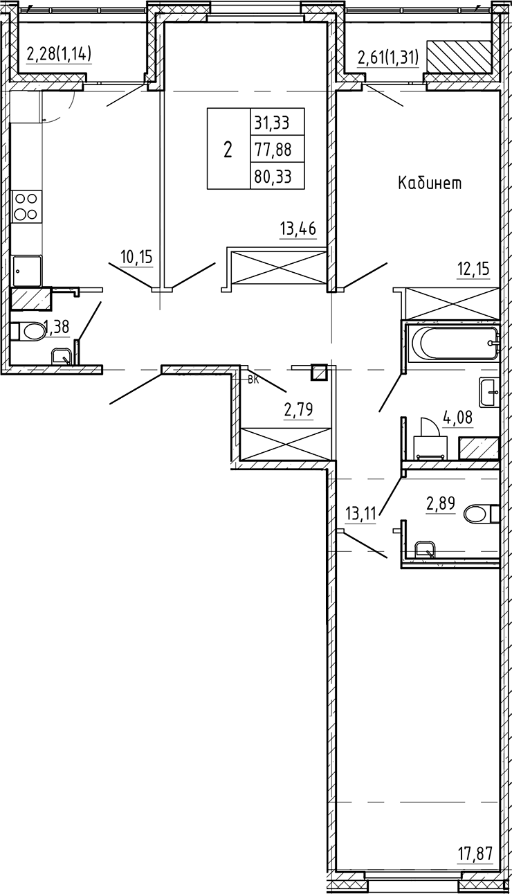 3-комнатная квартира 80.33 м², 6/7 эт., ЖК «Регенбоген»