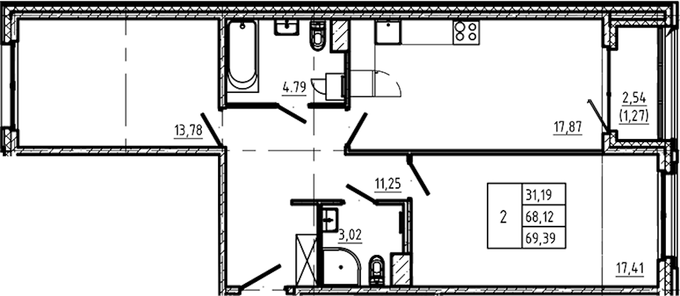 2-комнатная квартира 69.39 м², 3/5 эт., ЖК «Регенбоген»