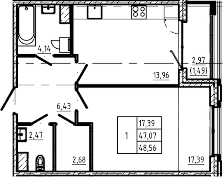 1-комнатная квартира 48.56 м², 3/5 эт., ЖК «Регенбоген»