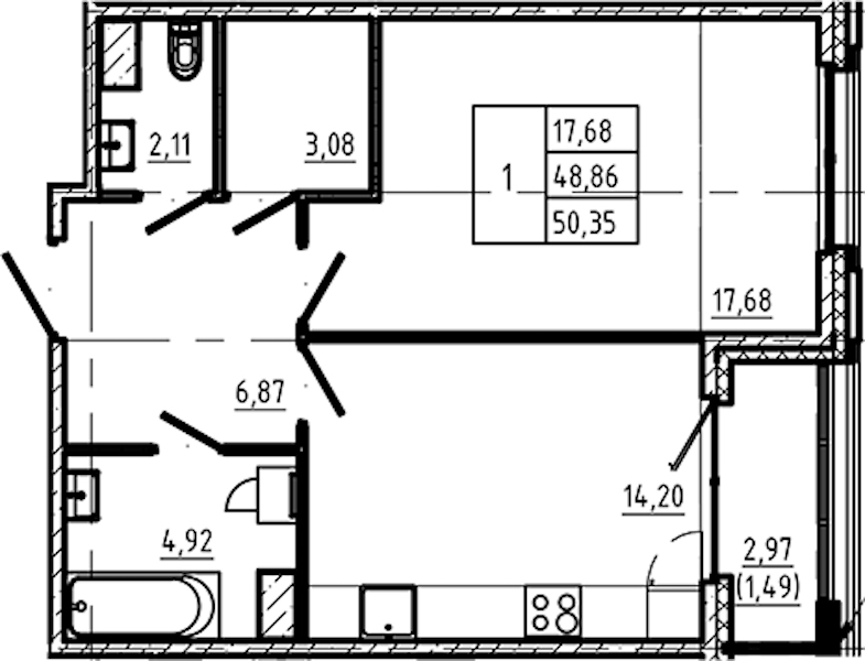 1-комнатная квартира 50.35 м², 3/5 эт., ЖК «Регенбоген»