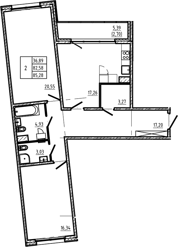 2-комнатная квартира 85.28 м², 3/5 эт., ЖК «Регенбоген»