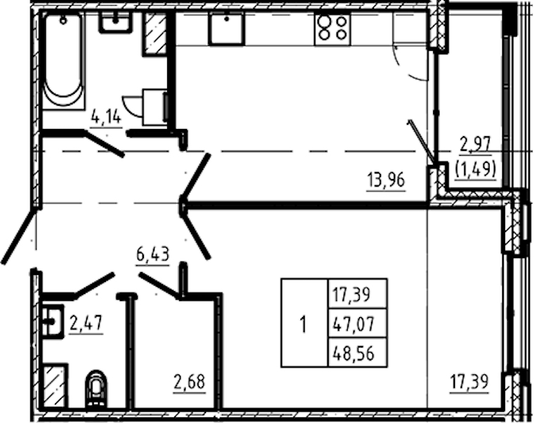 1-комнатная квартира 48.56 м², 4/5 эт., ЖК «Регенбоген»