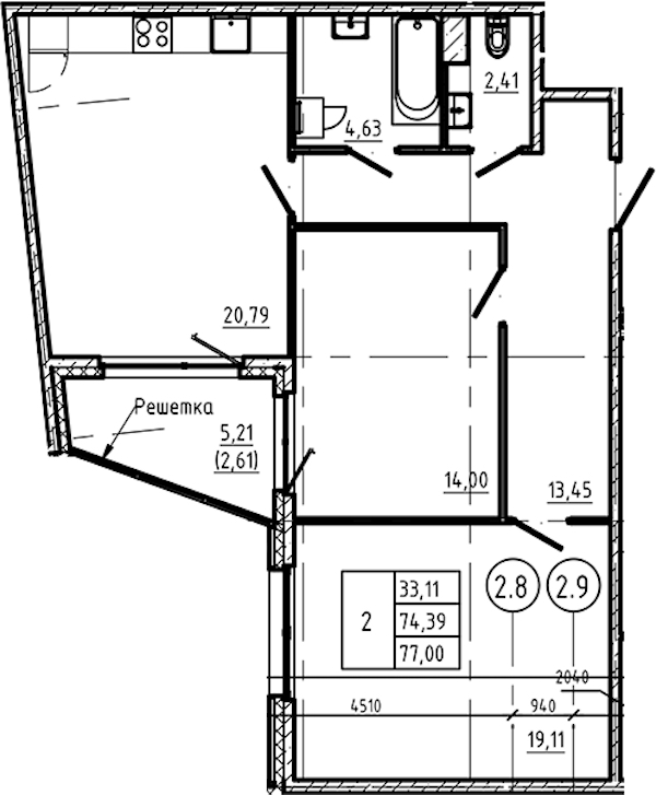 2-комнатная квартира 77 м², 4/5 эт., ЖК «Регенбоген»