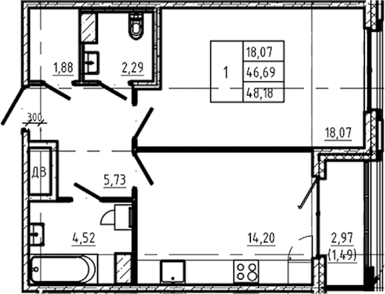 1-комнатная квартира 48.18 м², 5/5 эт., ЖК «Регенбоген»
