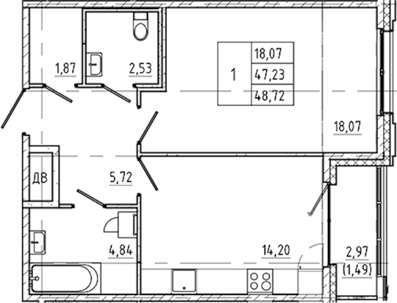 1-комнатная квартира 48.72 м², 2/5 эт., ЖК «Регенбоген»