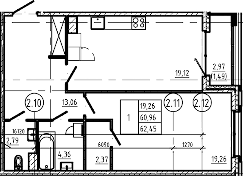 1-комнатная квартира 62.45 м², 5/5 эт., ЖК «Регенбоген»