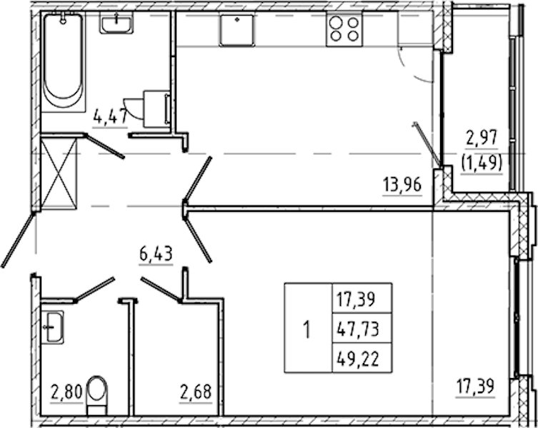 1-комнатная квартира 49.22 м², 2/5 эт., ЖК «Регенбоген»