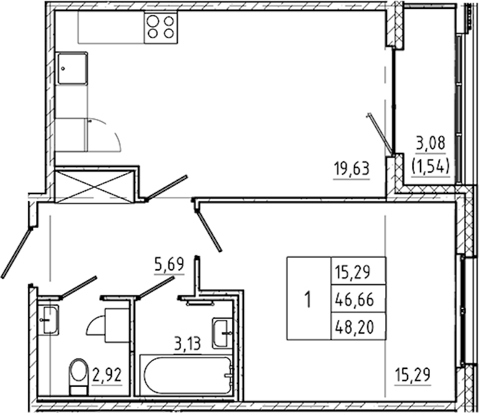 1-комнатная квартира 48.2 м², 2/5 эт., ЖК «Регенбоген»