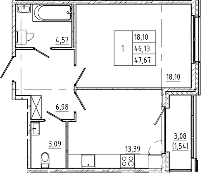 1-комнатная квартира 47.67 м², 2/5 эт., ЖК «Регенбоген»