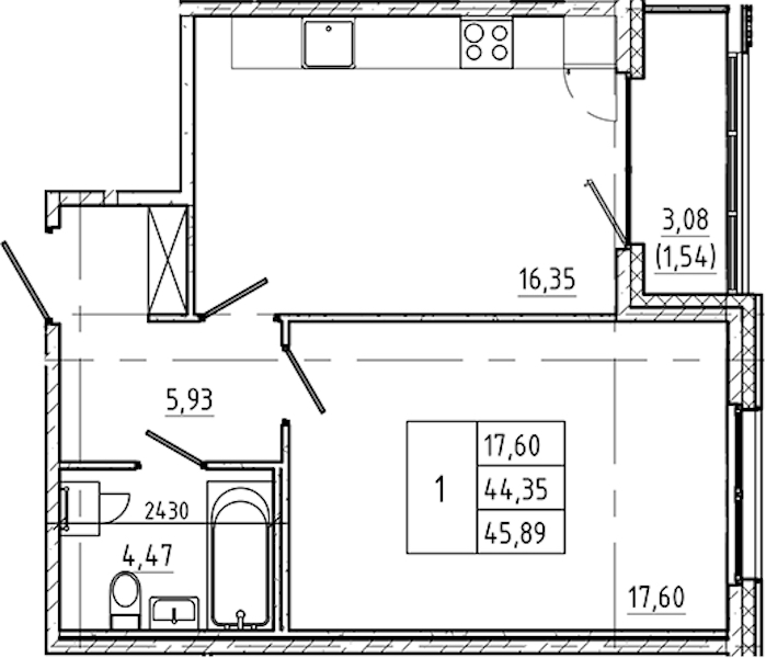 1-комнатная квартира 45.89 м², 2/5 эт., ЖК «Регенбоген»