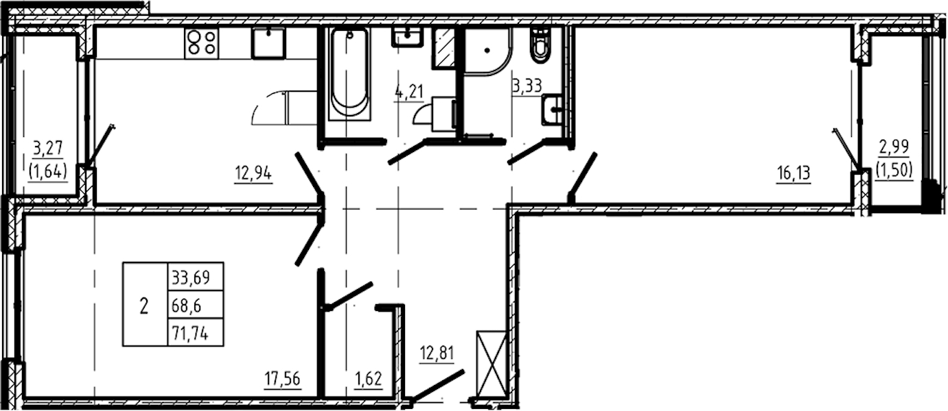 2-комнатная квартира 71.74 м², 3/5 эт., ЖК «Регенбоген»