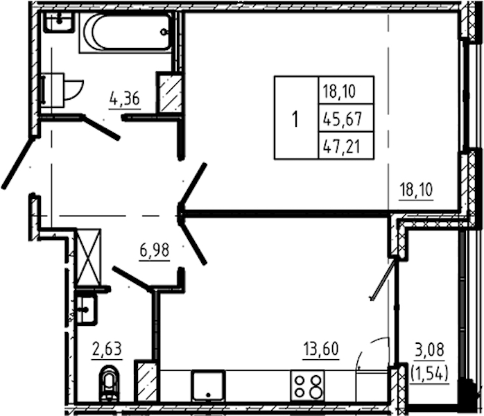 1-комнатная квартира 47.21 м², 3/5 эт., ЖК «Регенбоген»