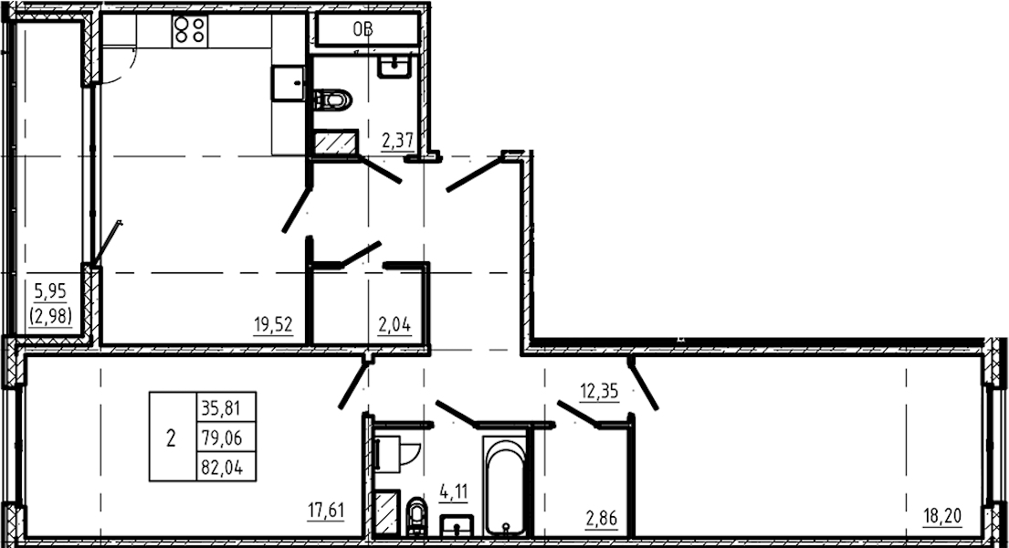 2-комнатная квартира 82.04 м², 3/5 эт., ЖК «Регенбоген»