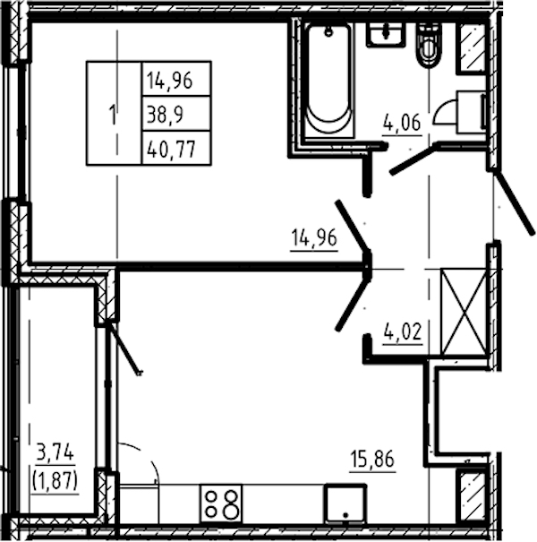 1-комнатная квартира 40.77 м², 4/5 эт., ЖК «Регенбоген»