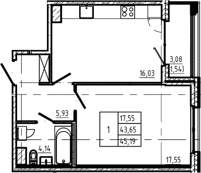 1-комнатная квартира 45.19 м², 4/5 эт., ЖК «Регенбоген»