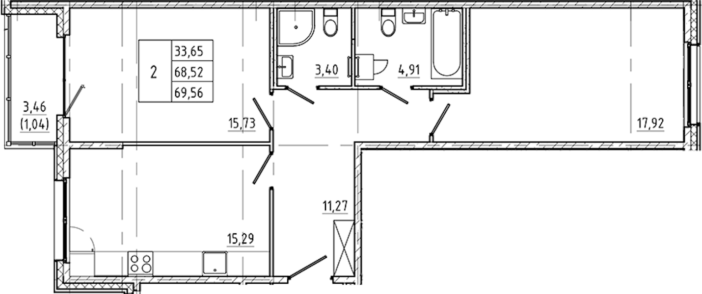 2-комнатная квартира 69.56 м², 2/5 эт., ЖК «Регенбоген»