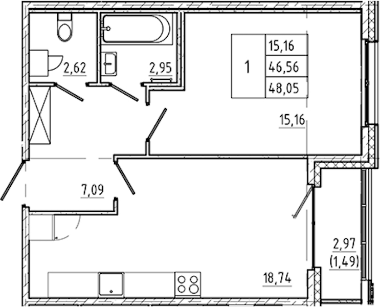 1-комнатная квартира 48.05 м², 2/5 эт., ЖК «Регенбоген»