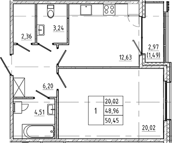 1-комнатная квартира 50.45 м², 2/5 эт., ЖК «Регенбоген»