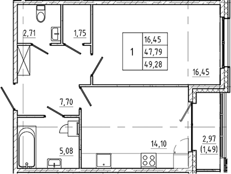 1-комнатная квартира 49.28 м², 2/5 эт., ЖК «Регенбоген»